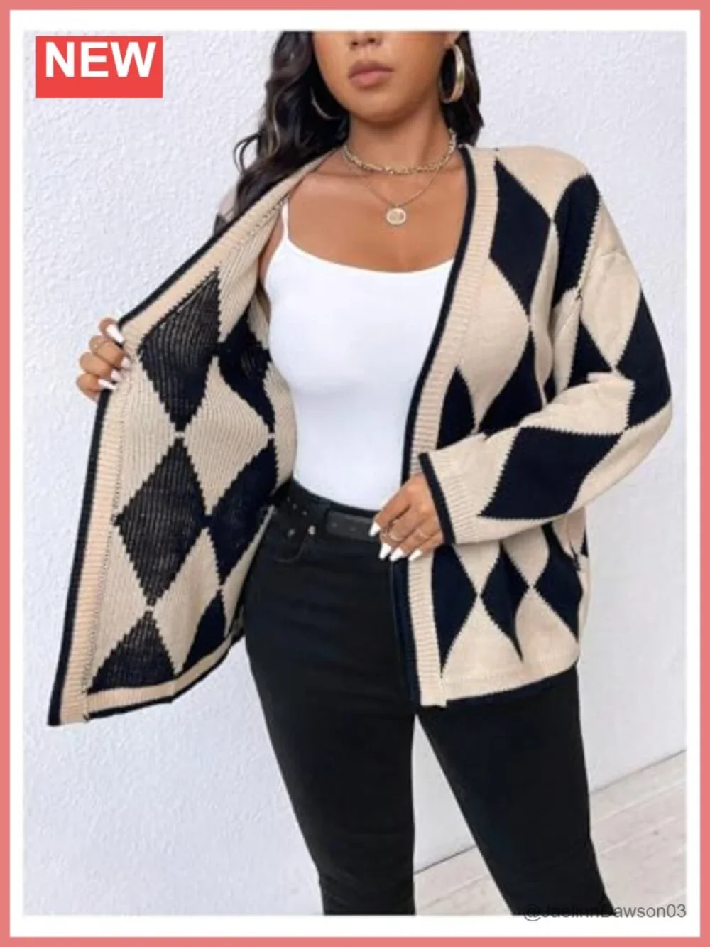 Plus Size Open Front Cardigan Geometric Knit Sweater Coat